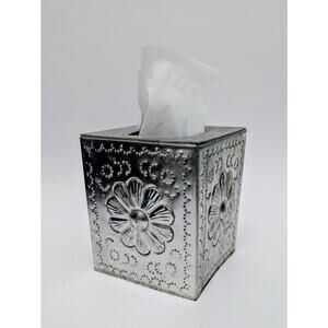 Pierced Tin Tissue Kleenex Holder Silver Flower Talavera Style Silver